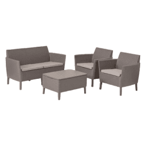 Conjunto de exterior Salemo 4 peças cor capuchino da Keter, composto por sofá de 2 lugares, duas poltronas e mesa de apoio para jardim ou terraço.